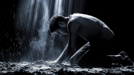 Dejected figure in a kneeling position, rendered in a mixed line style of thick and thin lines.