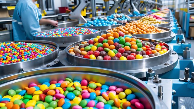 A modern candy factory production line with various colored candies being processed in metallic containers. Industrial sweets production.
