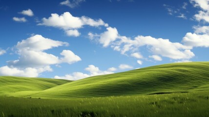 Fototapeta premium Idyllic green hills landscape under blue sky with white clouds, serene nature background. Perfect for environmental, travel, or relaxation themes.