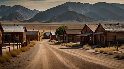 Old west small town. Dirt road with western small wooden houses on both sides.