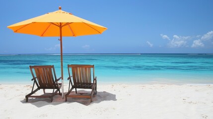 Beach chairs and an umbrella on a white sand beach Light bright background