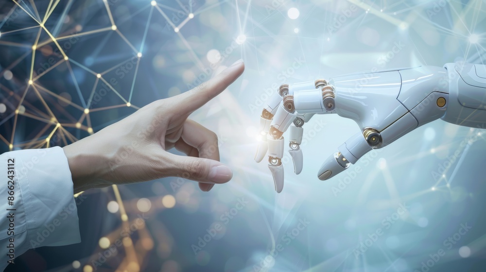 Aufkleber robot hand and human hand meeting against a backdrop of a vast digital network, representing the fut