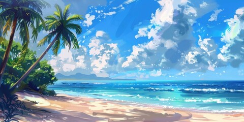 Beach sky sea vacation palm trees, illustration.