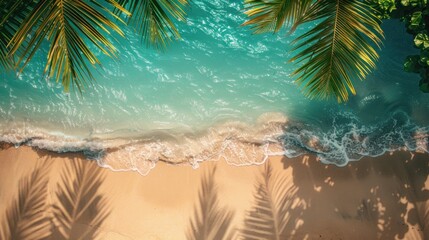 View of a tropical island's beach by the ocean or sea with vibrant trees and a watercolor background with a lot of space for text or advertisements