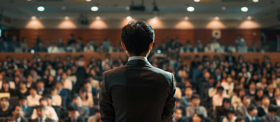 A man stands in front of a crowd of people, giving a speech