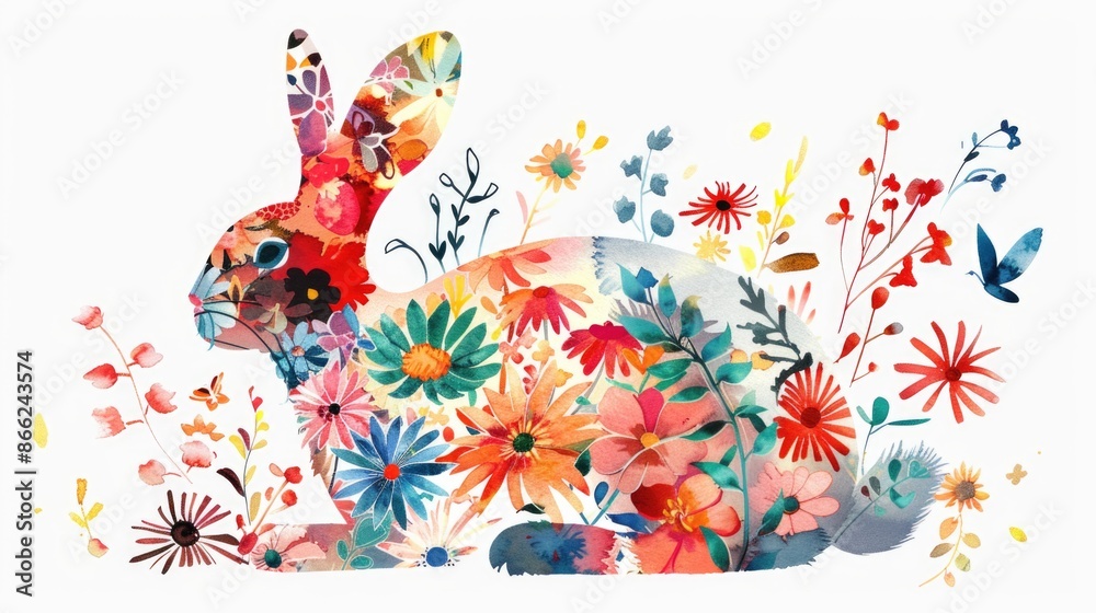 Wall mural Beautiful abstract Easter bunny design with flowers isolated on white