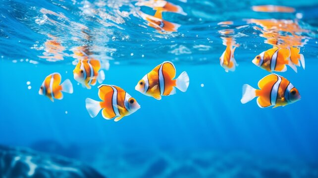 School of Vibrant Clownfish Swimming in Clear Blue Ocean Water