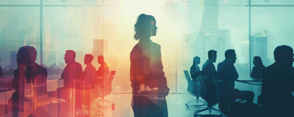 Silhouetted Businesswoman Overlooking Busy Office Meeting in Modern Corporate Environment