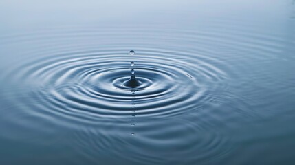 Single droplet of water making a splash on a still water surface, producing delicate, uniform circular ripples in a tranquil environment