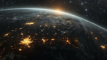 Obraz premium Space view of Earth at night with prominent glowing cities and the deep black of outer space