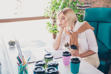 Photo portrait of pretty young girl tired sad look netbook drink coffee wear trendy outfit modern...