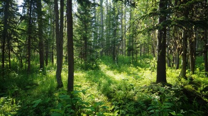 Fototapeta premium Sun-dappled forest scene with healthy green spruce, fir, and pine trees, and a lush undergrowth