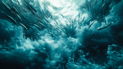 Obraz premium Close-up of a school of fish jumping out of the water. A large group of fish swims and frolics in the open sea on a sunny day. Nature concept.