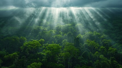 Sunlight breaking through storm clouds over a dense forest, casting dramatic light and shadows.
