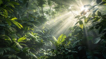 Sunlight breaking through the canopy of a lush green forest, illuminating the undergrowth