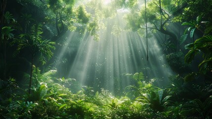 Obraz premium Sunlight breaking through the dense foliage of a rainforest, creating a mystical ambiance.