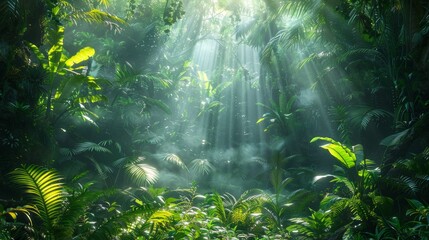 Fototapeta premium Sunlight breaking through the dense foliage of a rainforest, creating a mystical ambiance.