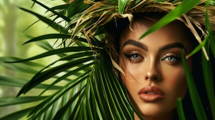 Fototapeta premium A close-up portrait of a womans face framed by vibrant green palm leaves, capturing a moment of quiet intensity in the tropical jungle