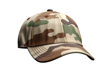 The Hidden Warrior: A Camo Baseball Cap in the Spotlight on White or PNG Transparent Background.