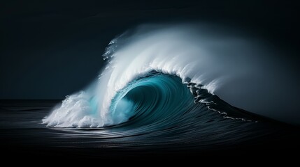 Powerful ocean wave curls in perfect barrel shape. Vibrant turquoise water contrasts with white spray and dark surroundings. Sunlight catches crest, illuminating intricate details. 