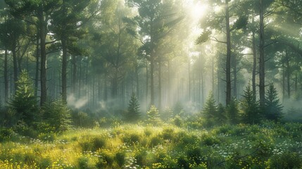 Obraz premium Sunlight filtering through a pine forest, with a soft mist rising from the forest floor.