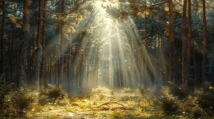 Fototapeta premium Sunlight filtering through a pine forest, with a soft mist rising from the forest floor.