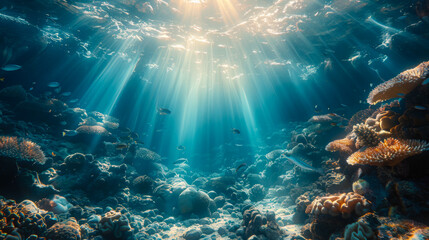 Fototapeta premium Schools of fish swim near coral reefs. A large group of sardines swim in the open sea. Nature and food concept.