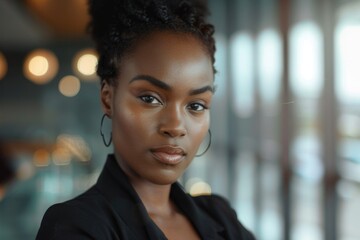 Fototapeta premium Looking At Camera: Portrait of a Successful Black Business Woman in Office Setting