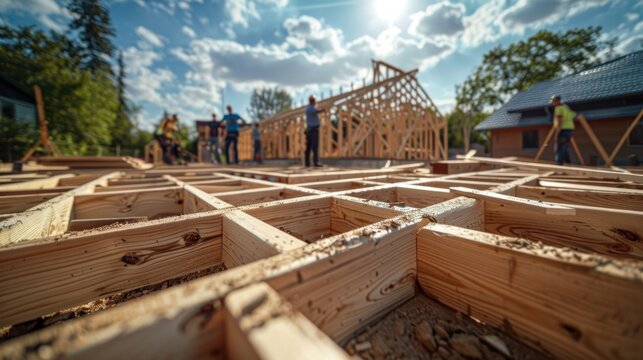 A carpenter uses skillful hands to form the framework of a new home while constructing wooden roof trusses. He works on the wood beams while a new house is being constructed.
