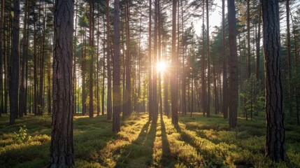 Fototapeta premium Sunlight shining through the branches of tall pine trees in a quiet forest, casting a peaceful glow