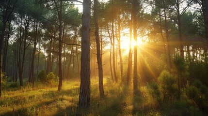Obraz premium Sunlight shining through the branches of tall pine trees in a quiet forest, casting a peaceful glow