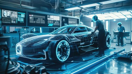 Obraz premium Automotive Engineer Testing Retrofuturistic Vehicle in Wind Tunnel Simulation with High Speed Motion Blur