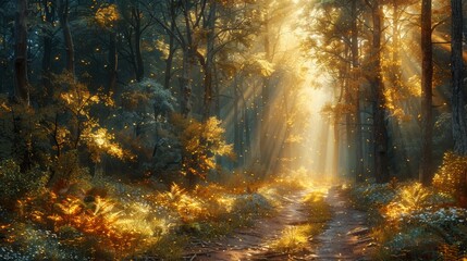 Obraz premium Sunlight streaming through a forest canopy, illuminating a narrow winding path.