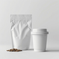 white coffee paper packaging 3d, isolated on white backgroun high quality photo for a mockup design, white background, studio background, sharp and clean focus, highly realistic, highly detaile