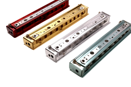 The Melodic Symphony of Four Unique Metal Components on White or PNG Transparent Background.