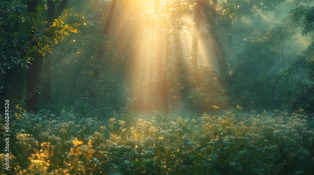 Poster the first light of dawn illuminating a forest with morning dew on the leaves.