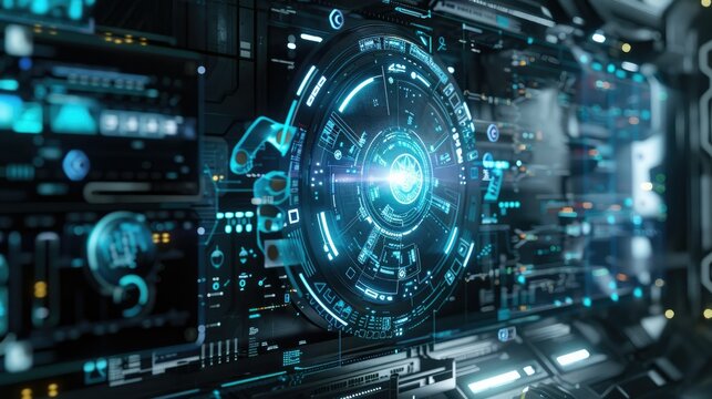 Futuristic Holographic Wireframe Schematics of Advanced Technological Design