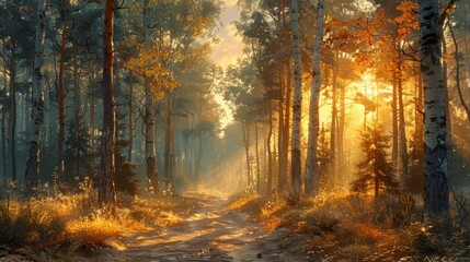 Fototapeta premium The golden hour in a forest, with sunlight casting long shadows and a warm glow.