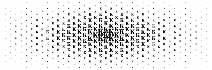 horizontal halftone of black capital letter k spreading from center for pattern and background.