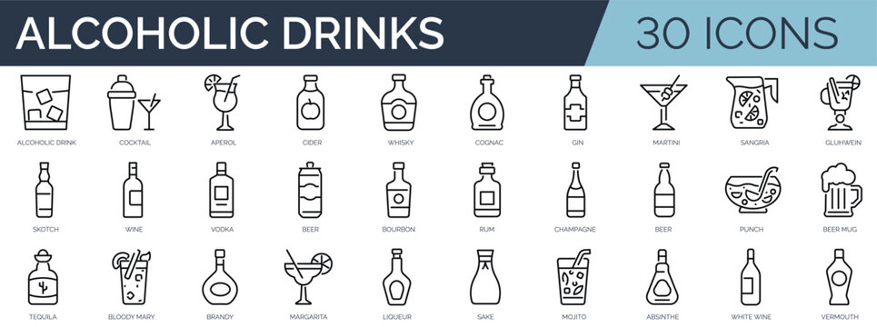 Set of 30 outline icons related to alcoholic drinks . Linear icon collection. Editable stroke. Vector illustration