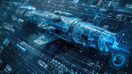 Futuristic Digital Hologram Blueprint Blueprints for Advanced Technical Mechanical Engineering Schematics