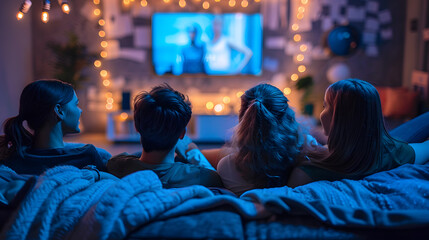 Obraz premium Group of young people gathered watching a movie at home. Back view. Concept: Share, bond 