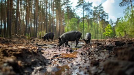 Black domestic pigs in the mud in a forest on a sunny day.