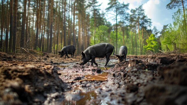 Black domestic pigs in the mud in a forest on a sunny day.