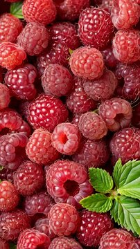 Close Up Rotation Loopable Raspberry. Fresh, Juicy Raspberry Background, Ripe. Macro Red Raspberries Fruit. Fresh Raspberry Fruits As Food Dackground. Healthy Food Organic Nutrition. AI
