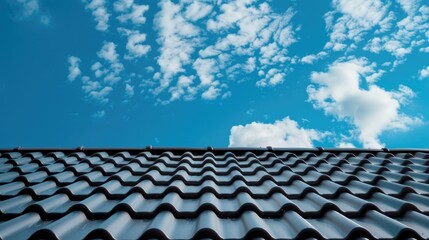 Fototapeta premium Black roof tiles and blue sky, close up.