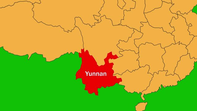 Yunnan map animated video. Yunnan location is highlighted on the China map colour with Green srcreen background in video format.