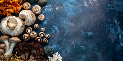 Assorted Real Mushrooms Blend Shiitake, Lion's Mane, Reishi, Cordyceps, and Chaga. Concept Mushrooms, Shiitake, Lion's Mane, Reishi, Cordyceps, Chaga, Health Benefits