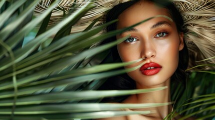 Fototapeta premium A womans alluring gaze emerges from behind a vibrant palm frond, creating a sense of mystery and allure. The lush foliage and her captivating eyes suggest a hidden world of beauty and intrigue