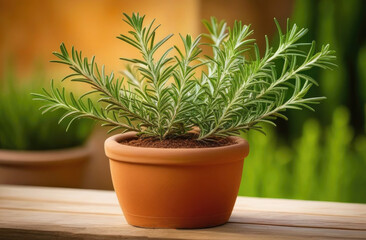 Obraz premium Rosemary bush growing in clay pot on wooden surface in garden outdoors. Ingredient and spice for cooking